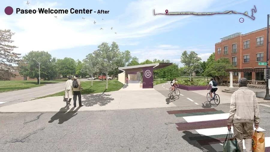 Student concept rendering of a Paseo Welcome Center with a trail crossing and pavilion